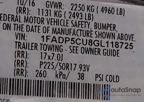 2016 Ford C-Max Energi Sel из США, поврежденный, VIN 1FADP5CU8GL118725